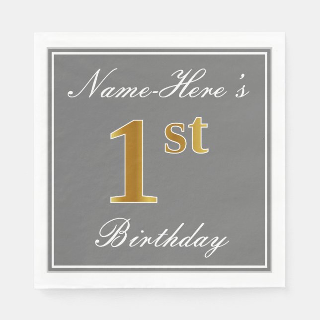 Serviettes Jetables Elegant Grey, Faux Gold 1er Anniversaire + Nom per (Devant)