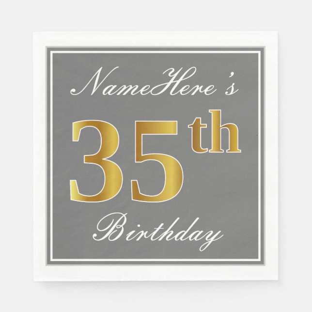 Serviettes Jetables Elégant Grey, Faux Gold 35e anniversaire; Nom pers (Devant)