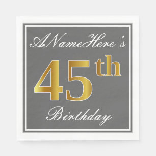 Serviettes Jetables Elégant Grey, Faux Gold 45e anniversaire; Nom pers