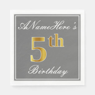 Serviettes Jetables Elegant Grey, Faux Gold 5e anniversaire + Nom pers