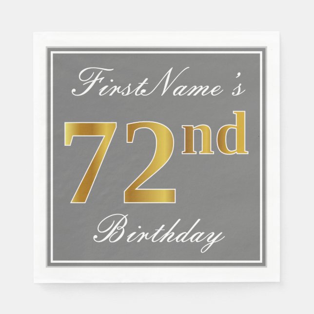 Serviettes Jetables Elégant Grey, Faux Gold 72e anniversaire; Nom pers (Devant)