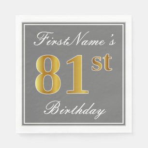 Serviettes Jetables Elégant Grey, Faux Gold 81ème Anniversaire; Nom pe