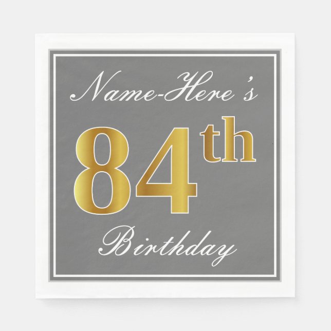 Serviettes Jetables Elégant Grey, Faux Gold 84e anniversaire; Nom pers (Devant)