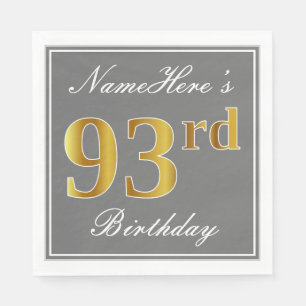 Serviettes Jetables Elégant Grey, Faux Gold 93e anniversaire; Nom pers