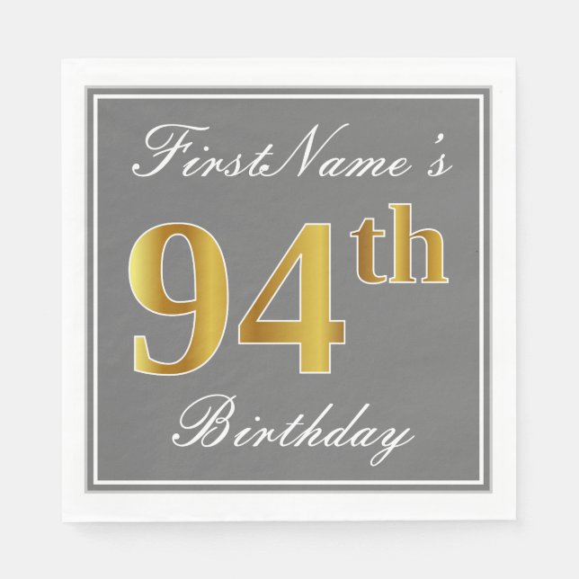 Serviettes Jetables Elégant Grey, Faux Gold 94e anniversaire; Nom pers (Devant)