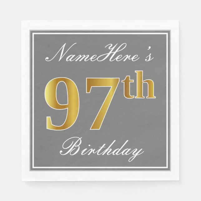 Serviettes Jetables Elégant Grey, Faux Gold 97e anniversaire; Nom pers (Devant)