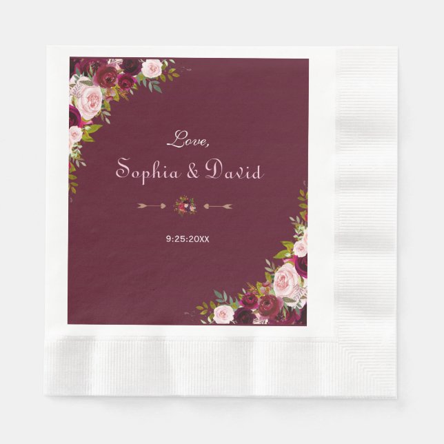 Serviettes Jetables Élégant Mariage floral de Bourgogne Marsala (Devant)