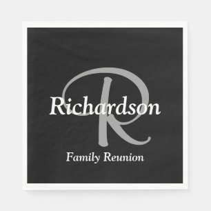 Serviettes Jetables Élégant Monogramme Noir Blanc et Gris Argent