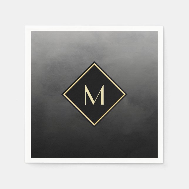 Serviettes Jetables Élégant Noir Brossé Avec Monogramme Or Simple (Devant)