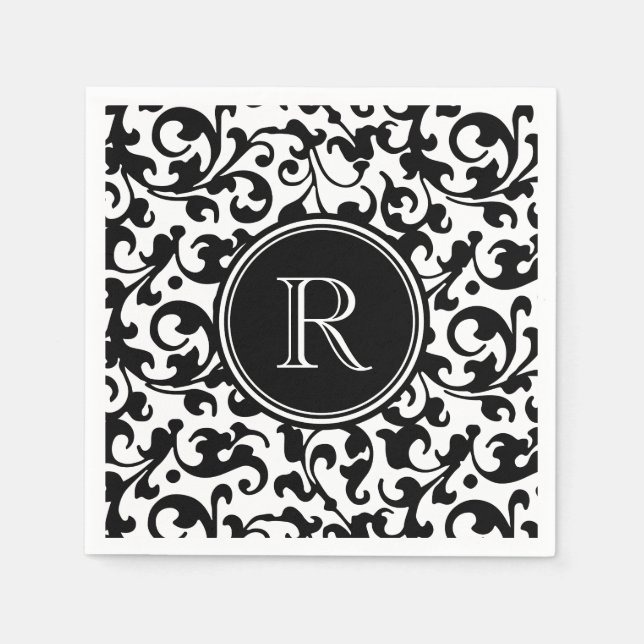 Serviettes Jetables Élégant noir et blanc Damask Scroll Monogramme (Devant)