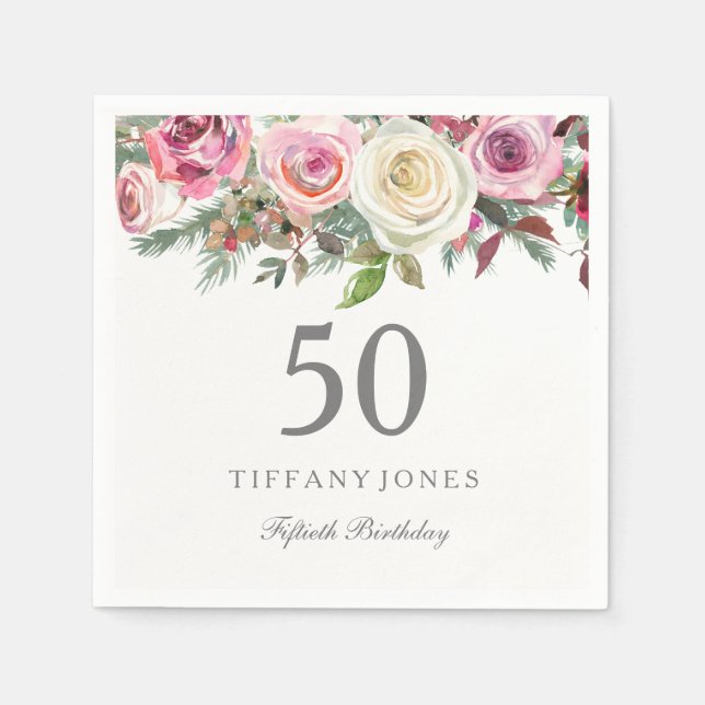 Serviettes Jetables Élégant Rose rose rose rose florale 50e anniversai (Devant)