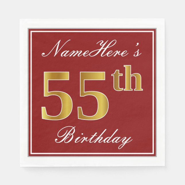 Serviettes Jetables Elégant Rouge, Faux Gold 55e anniversaire + Nom pe (Devant)