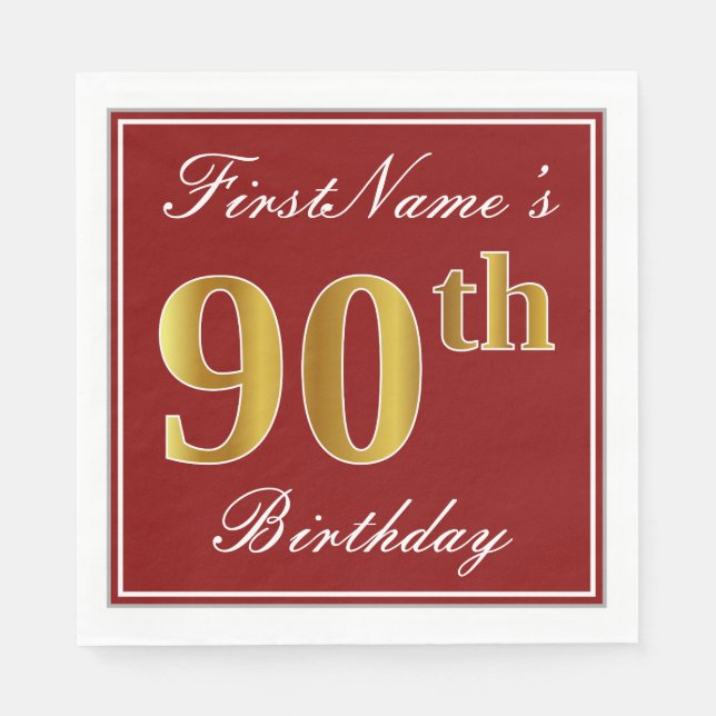 Serviettes Jetables Elégant Rouge, Faux Gold 90e Anniversaire + Nom pe (Devant)