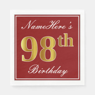 Serviettes Jetables Elégant Rouge, Faux Gold 98e anniversaire + Nom p
