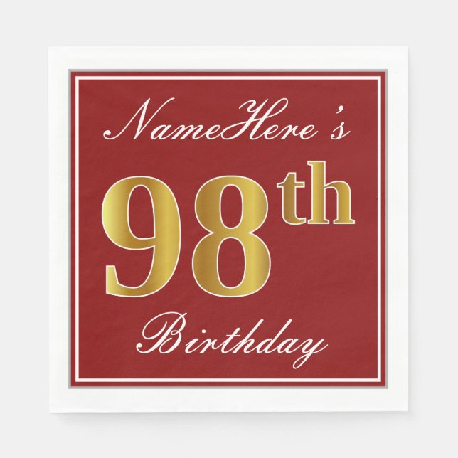 Serviettes Jetables Elégant Rouge, Faux Gold 98ème Anniversaire + Nom  (Devant)