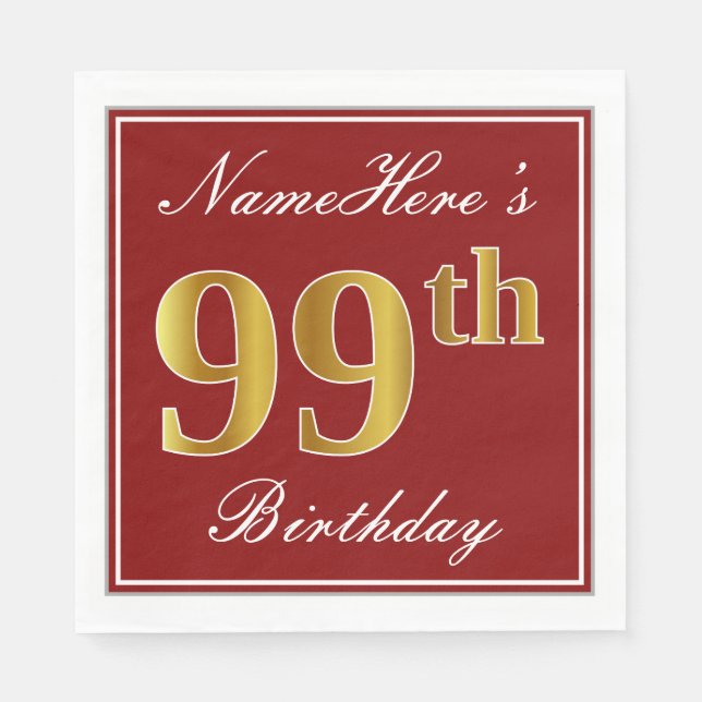 Serviettes Jetables Elégant Rouge, Faux Gold 99e anniversaire + Nom pe (Devant)