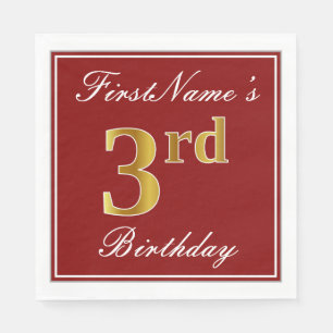 Serviettes Jetables Elégant Rouge, Faux Or 3ème Anniversaire + Nom per