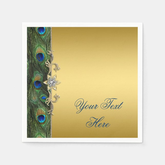 Serviettes Jetables Elégant Royal Blue Green et Gold Peacock (Devant)