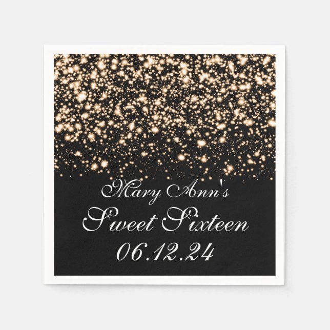 Serviettes Jetables Élégant Sweet 16 Anniversaire Minuit Glam Or (Devant)