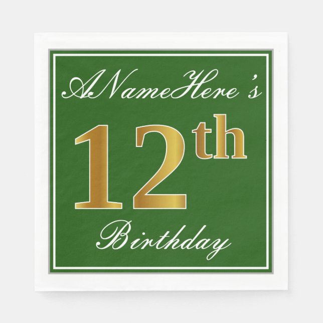 Serviettes Jetables Elégant Vert, Faux Or 12ème Anniversaire + Nom (Devant)