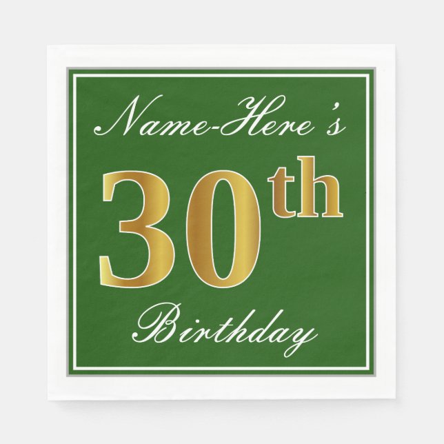 Serviettes Jetables Elégant Vert, Faux Or 30ème Anniversaire + Nom (Devant)