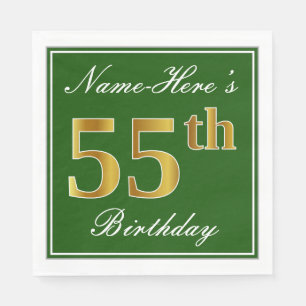 Serviettes Jetables Elégant Vert, Faux Or 55ème Anniversaire + Nom
