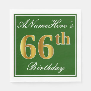Serviettes Jetables Elégant Vert, Faux Or 66ème Anniversaire + Nom