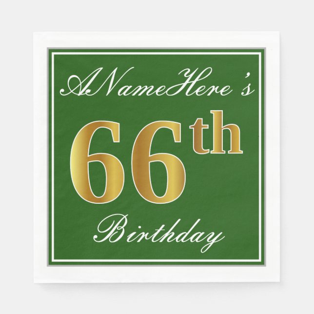 Serviettes Jetables Elégant Vert, Faux Or 66ème Anniversaire + Nom (Devant)