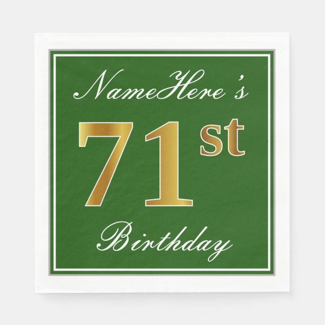 Serviettes Jetables Elégant Vert, Faux Or 71ème Anniversaire + Nom (Devant)