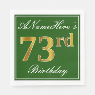Serviettes Jetables Elégant Vert, Faux Or 73ème Anniversaire + Nom
