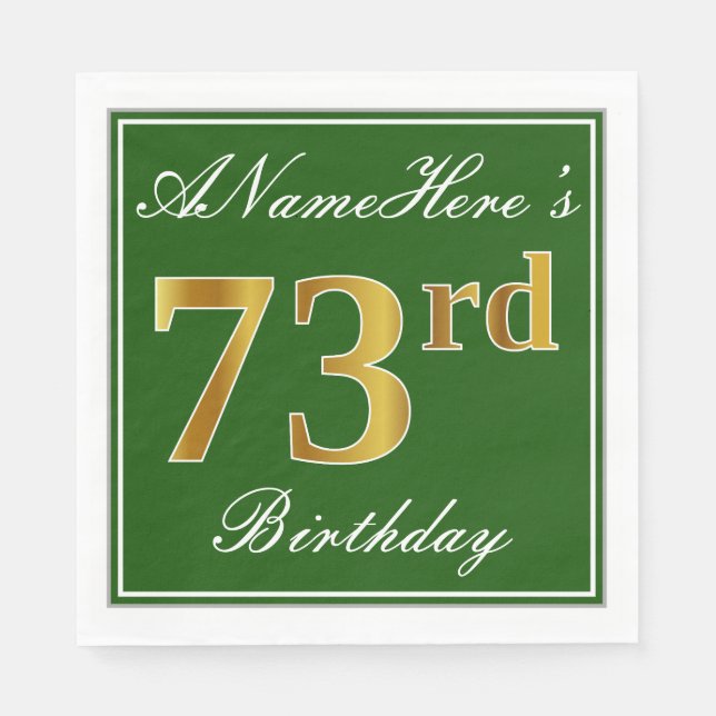 Serviettes Jetables Elégant Vert, Faux Or 73ème Anniversaire + Nom (Devant)