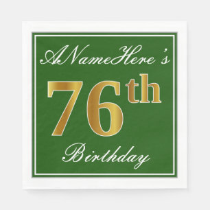 Serviettes Jetables Elégant Vert, Faux Or 76ème Anniversaire + Nom