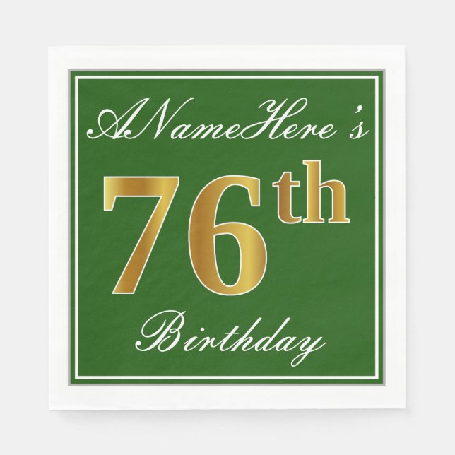 Serviettes Jetables Elégant Vert, Faux Or 76ème Anniversaire + Nom (Devant)