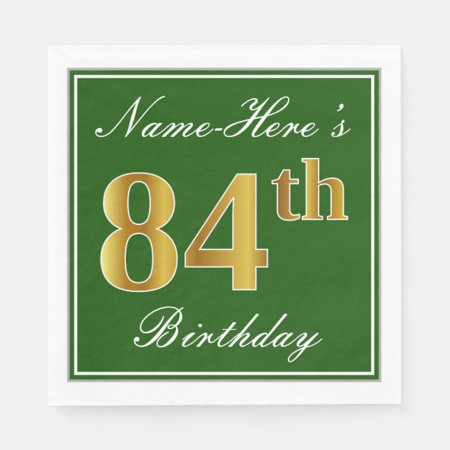 Serviettes Jetables Elégant Vert, Faux Or 84ème Anniversaire + Nom (Devant)