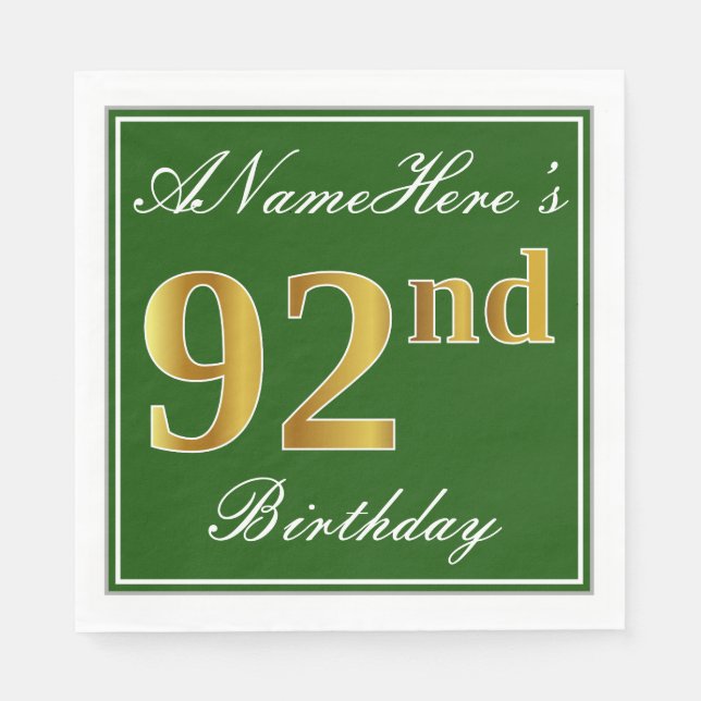 Serviettes Jetables Elégant Vert, Faux Or 92ème Anniversaire + Nom (Devant)