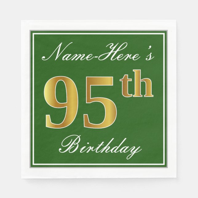 Serviettes Jetables Elégant Vert, Faux Or 95ème Anniversaire + Nom (Devant)