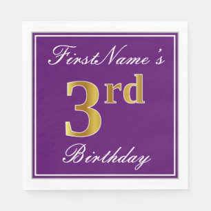Serviettes Jetables Élégant violet, Faux Gold 3ème anniversaire + Nom