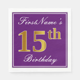 Serviettes Jetables Elégant violet, Faux Or 15ème anniversaire + Nom