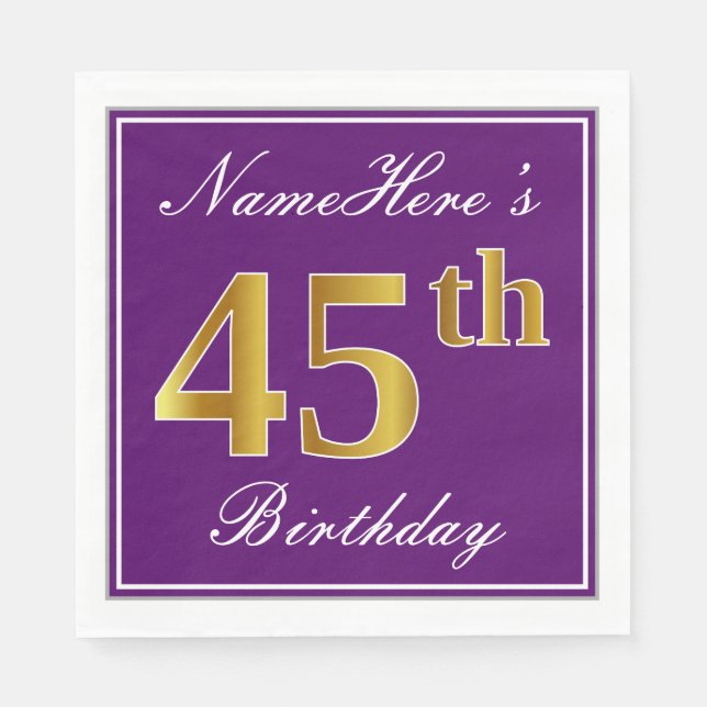 Serviettes Jetables Elégant violet, Faux Or 45ème anniversaire + Nom (Devant)