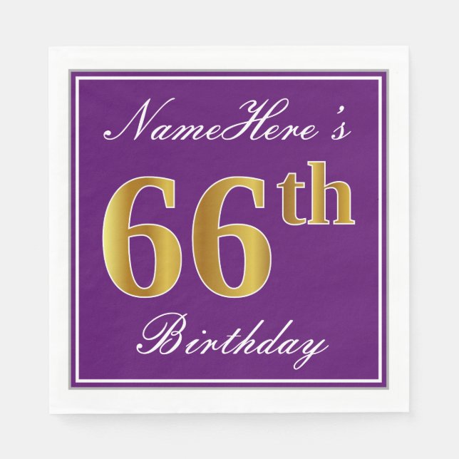 Serviettes Jetables Élégant violet, Faux Or 66ème anniversaire + Nom (Devant)