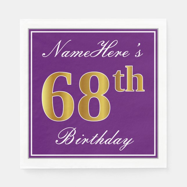 Serviettes Jetables Élégant violet, Faux Or 68ème anniversaire + Nom (Devant)
