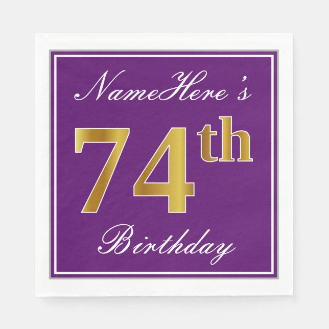 Serviettes Jetables Élégant violet, Faux Or 74ème anniversaire + Nom (Devant)