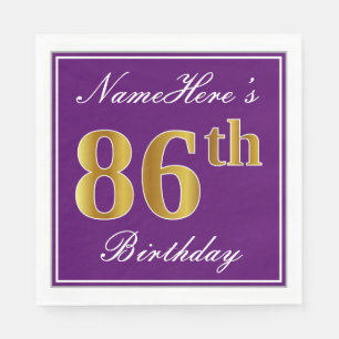 Serviettes Jetables Elégant violet, Faux Or 86ème anniversaire + Nom