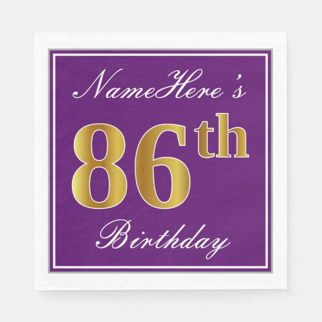 Serviettes Jetables Elégant violet, Faux Or 86ème anniversaire + Nom (Devant)