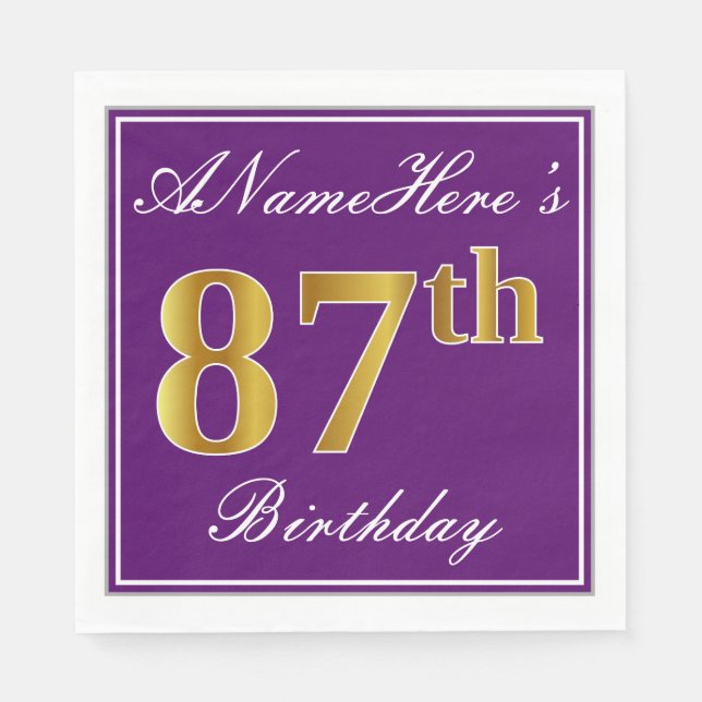 Serviettes Jetables Elégant violet, Faux Or 87ème anniversaire + Nom (Devant)