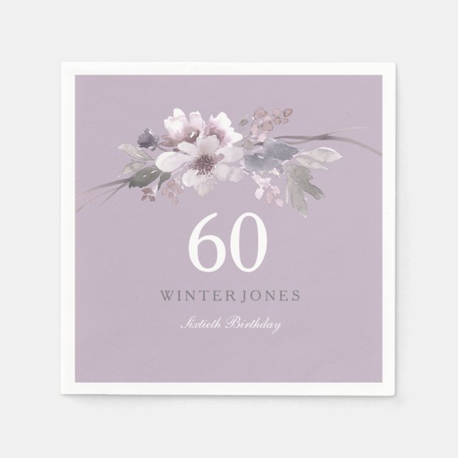 Serviettes Jetables Élégante florale violette 60e fête d'anniversaire (Devant)