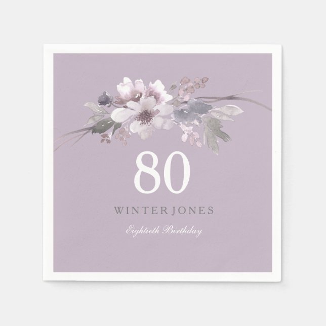 Serviettes Jetables Elégante florale violette 80e fête d'anniversaire (Devant)
