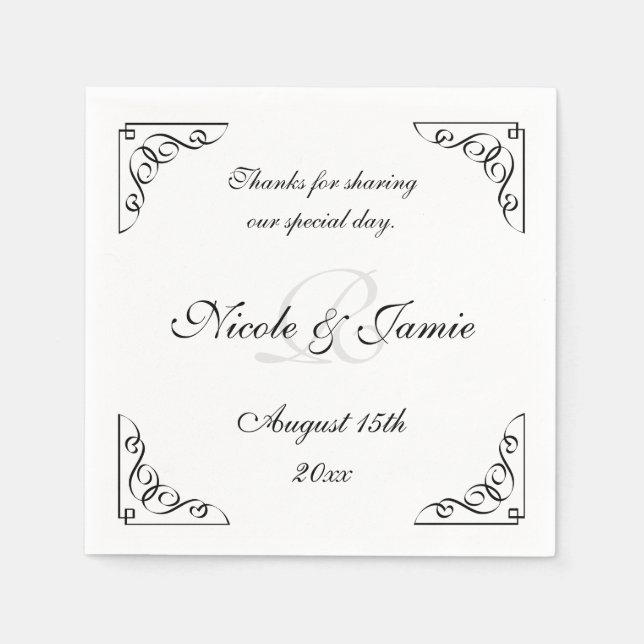 Serviettes Jetables Élégantes serviettes de mariage monogramme noir et (Devant)