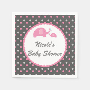 Serviettes Jetables Éléphants Baby Shower Rose Gris & Blanc