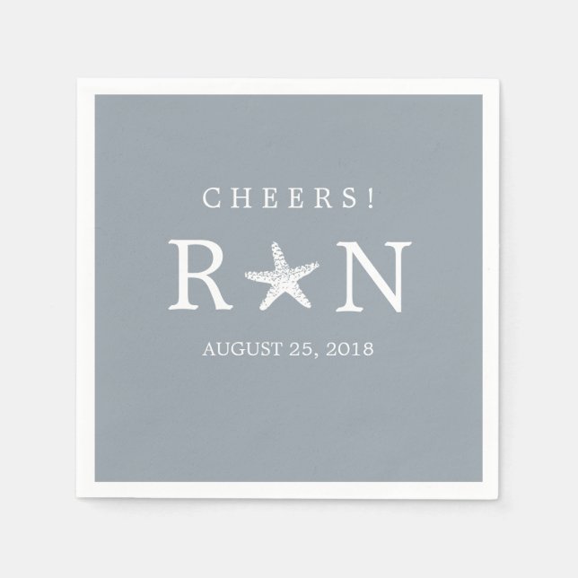 Serviettes Jetables Étoile de mer Monogramme Gris Argent | Mariage (Devant)